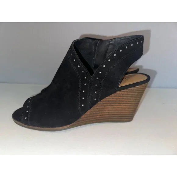 Lucky Brand Womens Shoes Sz 9 Ulyssas Black Suede Leather Peep Toe Wedge Booties - Picture 4 of 11